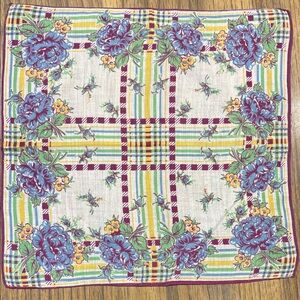 Vintage Floral Plaid Handkerchief - Blue, Yellow, Green